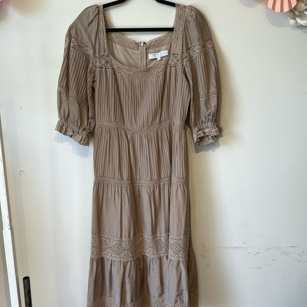 HUNTER BELL Taupe Brown Lace-Trim Midi Dress